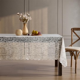 HLC.ME Scroll Lace Tablecloth, Lace Fabric Table Cloth for Rectangle Tables, Wrinkle Resistant Tablecloth, Patterned Scalloped Tablecloth (60 W x 84 L, Linen Taupe)