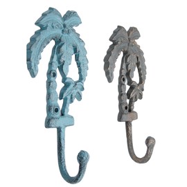 Wowser Palm Tree Cast Iron Wall Hooks, Nautically Themed Wall Décor, Set of 2 Assorted Colors, 8 Inches