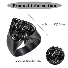 OIDEA Men's Ring Ace of Spades Skull: Poker Heart Biker Ring Stainless Steel Gothic Skull Signet Ring Band Ring Gift for Men Boys Size 57 to 71 Silver Black