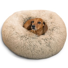 Best Friends by Sheri Original Calming Donut Dog and Cat Bed, Shag Faux Fur, Taupe, (23in x 23in) - Anxiety Relief for Pets Up to 25 lbs
