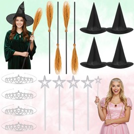 Cutecrop 20 Pcs Princess and Witch Party Costume Set 5 Witch Hats 5 Queen Crowns 5 Wizard Brooms 5 Star Wands Decoration for Princess Witch Dress up Supplies Cosplay Birthday Gift for Women Girl