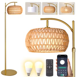 DRAWNCAT Gold Boho Rattan Floor Lamp w/Remote, Dimmable (2700K - 6000K), 2 - in - 1 Wicker & Fabric Shade, Adjustable 165-172cm for Living Room & Bedroom