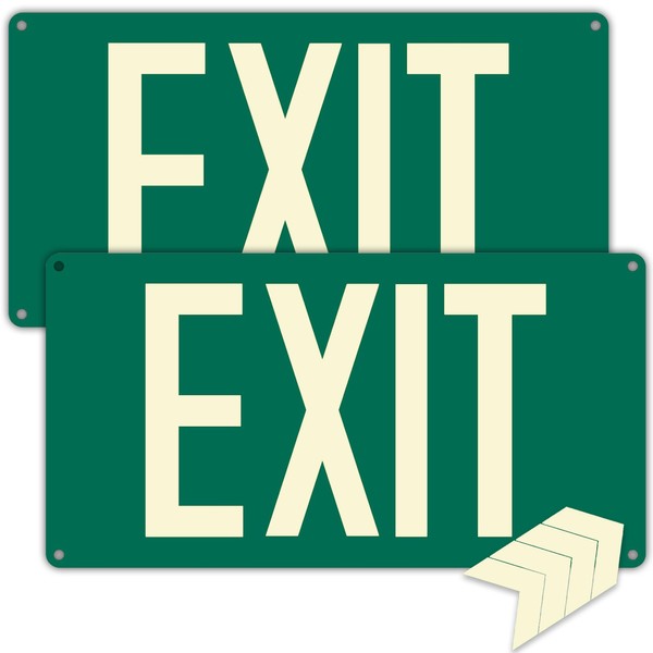 (2Pack) Photoluminescent Exit Sign, Glow In The Dark Aluminum Exit