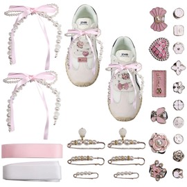 Alriedy 26 Piece Shoe Charms Set, Sneaker Jewellery with Beads & Bows, Satin Laces Lace & Clips for Women, DIY Shoe Decoration Accessories, Plastic, No Gemstone