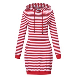 MISSKY Women Casual Long Sleeve Solid Color Pullover Hooded Dress,Red&White 2XL