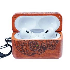 JasCherry Stylish Wood Case Compatible with AirPods Pro 2 Case (2022) / AirPods Pro Case (2019), Handmade Hand-Polished Handcrafted Protective Earpods Cover Against Falls & Bumps, Rosewood Skull