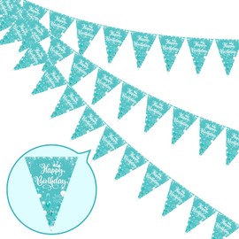 Teal Birthday Decorations 3 Pack Happy Birthday Bunting Banner 36Pcs Turquoise Triangle Flag Garland Teal Blue Paper Bunting Banner for Girls Women 10th/16th/18th/21st Birthday Party Supplies