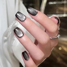 XZMeiLun Cat Eye Black Press On Nails Short Square, Designer Reusable Acrylic Fake Nails with Glue, Glossy Soft Gel Nails Wedding and Party, Stick On Glue On Nails, Nails Press Ons fro Women