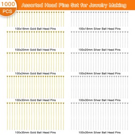1000pcs Jewelry Head Pins Kit for Jewelry Making,Ball Head Pins Beading Pins Assorted Head Pins Set Head Pins Eye Pins Supplies for Earring Beading DIY Craft,18/20/24/30/35mm (Silver,Gold)