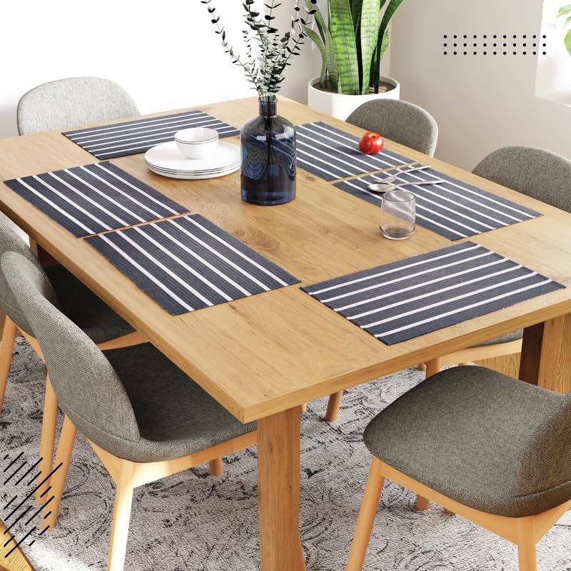 Encasa Ribbed Cotton Placemats (Set of 6), Roma Grey Stripes,