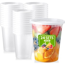 LATERN 24Pcs Plastic Food Containers with Lids, 720ml /24oz Reusable Food Storage Cups Leakproof Soup Storage Container Freezer Safe Microwaveable Deli Cups for Meal Prep and Portion Control