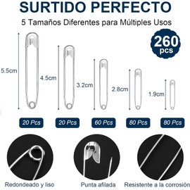 SSX-KJ 260 Pcs Imperdibles,Varios Tamaños,Seguros para Ropa,Ideales para Ropa,Costura y Manualidades,Acero Niquelado Inoxidable,Manualidades y Suministros,Incluye caja de almacenamiento(Plateados)