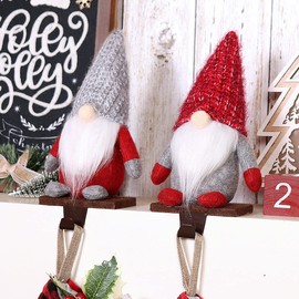 GMOEGEFT Christmas Stocking Holder Set of 2 Gnome Stocking Stand Hangers with Plush Gnomes for Fireplace Mantel Stocking Hanging Hanger Holiday Decorations (Red & Grey)
