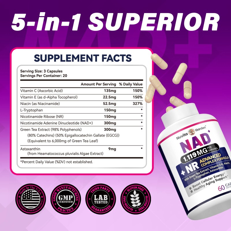 NuvitaGarden NAD+ 60 Capsules (Nicotinamide Adenine Dinucleotide)