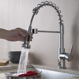 Blossom Solid Brass Kitchen Faucet with Pull-Down Sprayer | Commercial Single Handle Spring Sink Faucet | 1 or 3 Hole Installation | Farmhouse, RV, Utility | F01 205 01 (Chrome)