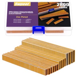 Swpeet 2801 Counts 3 Sizes K413 K419 K425 18 Gauge Approx 1/4"×1/2"/3/4"/1" Gold Narrow Crown Staples, Galvanized Finish Staples, Assorted Size Project Pack for Pneumatic, Electric Stapler