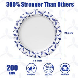 BYSNOW 8.5 Inch Paper Plates, 200 Pcs Disposable Plates, Heavy Duty Dinner Bulk Plates wiht Cut Resistant, Soak Proof for Party, Birthday and Picnic | BYSNOW