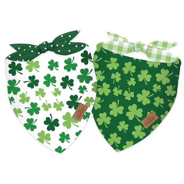 Whaline 2Pcs St. Patrick's Day Dog Bandana Double-Sided Green Shamrock
