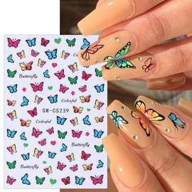 6 Sheets Butterfly Nail Decals for Nail Art 3D Self-Adhesive Spring Flower Nail Stickers Blue Floral Butterfly Bow Nail Art Stickers Cherry Frog Nails Design Decals for Women Manicure Decoration