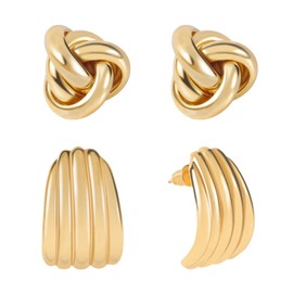 2 Pairs Chunky Gold Knot Earrings, Gold Metal Knot Earrings with Delicate Pink Packaging Box Geometric Dangle Drop Earrings Stud Vintage Statement Jewelry Birthday Anniversary Gift for Women