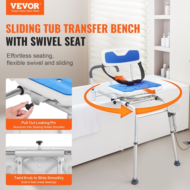 VEVOR Sliding Tub Transfer Bench with 360 Degree Swivel Seat,