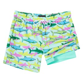 SURF CUZ Mens Swim Trunks with Compression Liner 2 in 1 Mens Swimming Trunks Quick Dry Swim Shorts Bathing Suit Zipper Pockets Green Sleeping Shark X-Large