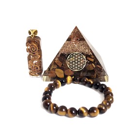 Sawcart Tiger Eye Crystal Orgone Pyramid with Flower of Life Symbol, Stone Bracelet & Orgone Pendant Necklace Combo for Aura Cleansing, Reiki Spiritual Healing, Energy Generator, Yoga Meditation
