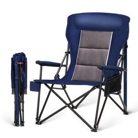 HIGH POINT SPORTS Oversized Camping Chairs for Adults, High Back Heavy Duty Lawn Folding Chair Support 500LBS, Padded Portable Outdoor Chair with Cup Holder, Blue