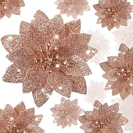 36 Pieces Christmas Glitter Poinsettia Flowers Faux Flowers Wedding Glitter Christmas Tree New Year Ornaments (Rose Gold)