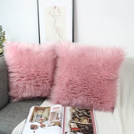 OYIMUA Soft Decorative Cushion Covers Decorative Cushion Sheepskin Lambskin Faux Fur Long Hair Decorative Cushion Cover Faux Fur Sofa Cushion Cuddly Cushion (Dusky Pink, 40 x 40 cm)