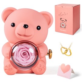 mountova Romantic Teddy Bear with Preserved Rose and Necklace, Real Rose in Elegant Gift Box for Women, Bear Roses Gifts for Valentine's Day,Weddings,Mother's Day,Anniversary,Birthday,Christmas, Pink