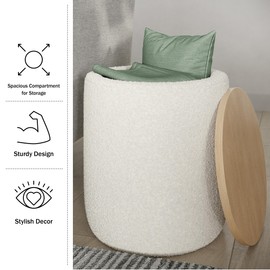 Lavish Home Storage Ottoman - Teddy Fabric Upholstered Ottoman with Wood Top for Living Room, Dorm, or Apartment - Ottomans with Storage (Cream)