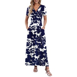 AUSELILY Maxi Dresses for Women Ankle Length Floral Print Beach Long Flowy Dress with Pockets White Navy Flower M