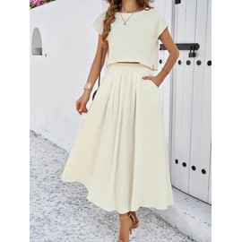 Beaufident Women's Summer Two Piece Outfits Crew Neck Short Sleeve Crop Top and Flowy Maxi Skirt Set,Beige,Medium
