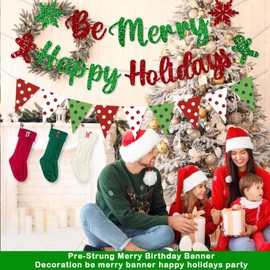 Pre-Strung Be Merry Christmas Decorations Banner Happy Holidays Party Red Green Xmas Garland for Home Office Mantel Door Wall Decor NO DIY