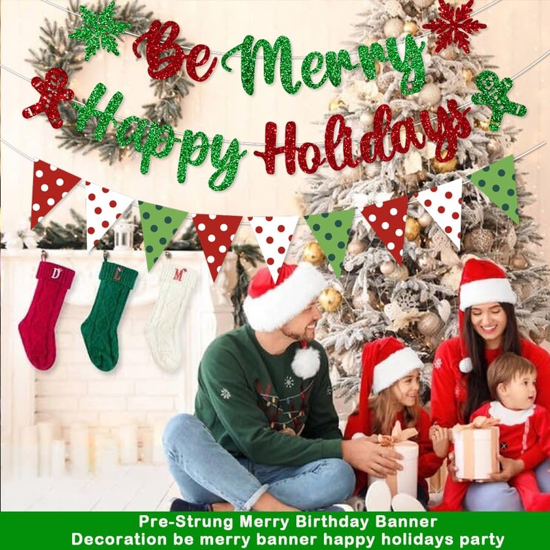Pre-Strung Be Merry Christmas Decorations Banner Happy Holidays Party Red