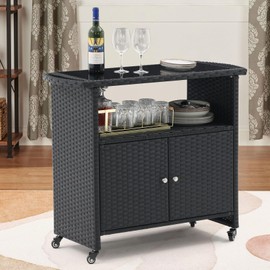 Outdoor Wicker Bar Table with Tempered Glass Top,Rolling Bar Cart with Storage Shelf,Lockable Wheels All-Weather Patio, Poolside, and Garden Furniture,Black