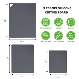 WK Flexible Plastic Cutting Boards for Kitchen Set of 3, Non slip Cutting Mats, Colorful Thin Cutting Sheets for Meat, BPA Free, Dishwasher Safe, Grey