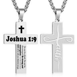Gnamy Faith Cross Necklace for Men Male Him Teen Teenage Teenager Boy Kid, Stainless Steel Cross Pendant Chain Jewelry, Inspirational Bible Verse Christian Religious Gift, Silver Joshua 1:9