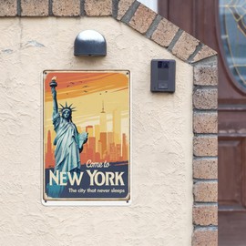 NYC Skyline Tin Sign 8X12IN Rustic Metal Wall Art for Apartment, Office & Travel Lover Room with Vintage Map Motif