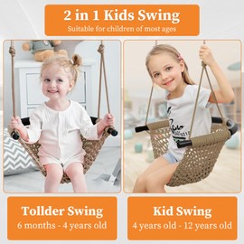 Kids Swing Seats Indoor Hand-Made Net Swing with Adjustable Rope Tree Swings for Kid Child Backyard Playground Swings Outside Indoor (Khaki)