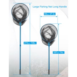 Hlotmeky Large Fishing Nets for Saltwater Fishing Net Long Handle Extra Large Rubber Net Telescoping Handle Heavy Duty Aluminum Fish Nets, Extends to 74-108in, Net Hoop 29x27in, 37in Deep