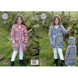 King Cole Girls Chunky Knitting Pattern - Ribbed & Cable Detail Coats with a Collar or Hood (4606)