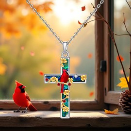 Fenthring Cardinal Necklace Sterling Silver Abalone Cross Necklaces for Women Red Cardinal Gifts for Lloss of Loved One Memorial Bird Christmas Jewelry