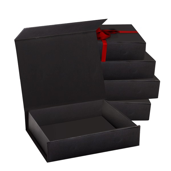2 Pack Black Hard Gift Box with Magnetic Closure Lid 7" x 5" x 1.6" Rectangle Boxes For Gifts With Black Glossy Finish (Black, 2 Boxes)