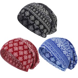 Bohend Bohemian Beanie Hats Headwear Cap Stretch Non Slip Bandanas Sleep Turbans Hats for Women Men Close top Head Covering (3 Pack) (Cashew Flower Style) Multicolor