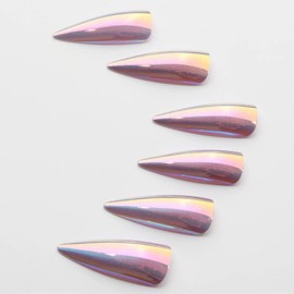 Press On Nails - Pink Chrome Fake Nails - Long Medium Stiletto Aurora False Nails With Glue - Elegant Almond French Tip False Nails - Full Cover Stick On nails For Women Girls Daily Party Wear Gift