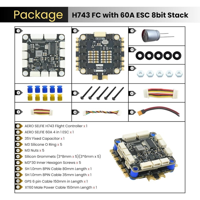 AERO SELFIE H743 Flight Controller with 60A 8 bit ESC