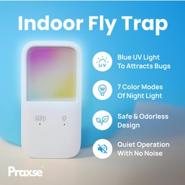 Praxse Plug-in Fly Trap & Nightlight - Indoor Insect Catcher for Mosquitoes, Gnats, Fruit Flies with RGB Night Lamp for Home, Kitchen, Office (White, 1 Bug Light Device with 5 Sticky Pads)