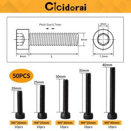 Cicidorai M4 x 20mm 25mm 30mm 35mm 40mm Hex Socket Head Cap Screws Bolts, 12.9 Grade Alloy Steel, Black Oxide Finish, Fully Threaded, Metric Allen Hex Drive, Assortment Kit 50Pcs